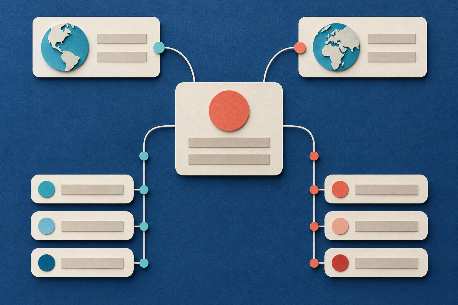 Two region cards connect to one advertiser and separate creative lists.
