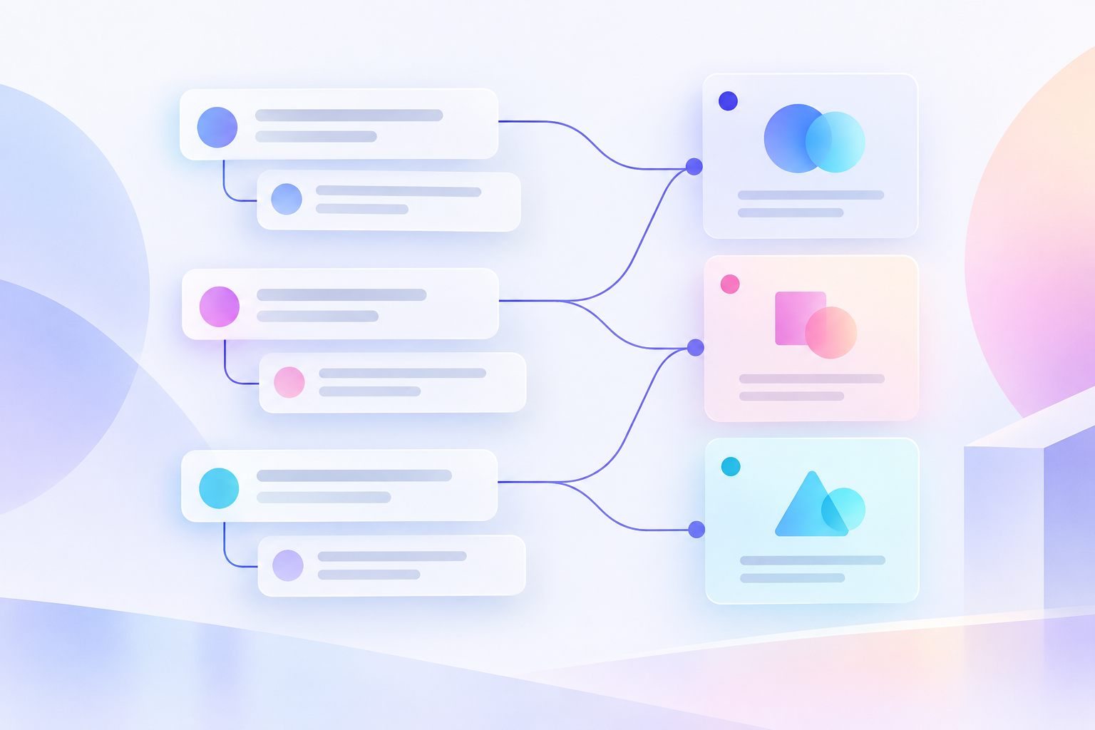 Three pairs of comment-style cards connect to three colored cards with overlapping shapes.