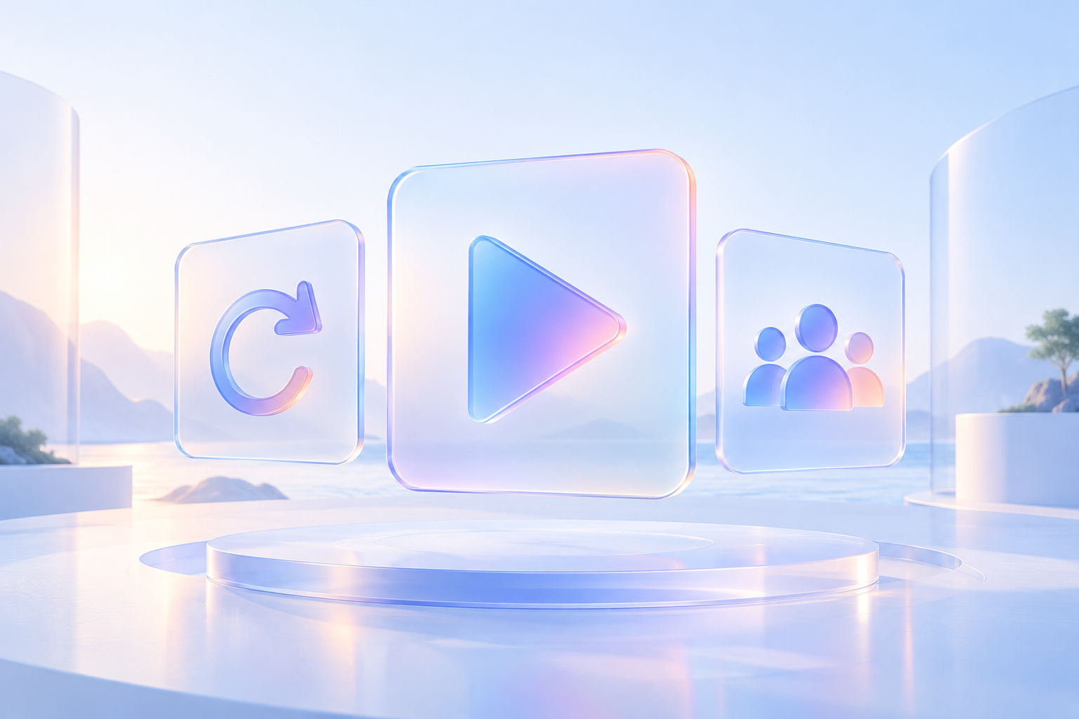 Three separate translucent panels use a play symbol, repeat arrows, and a group of account shapes.