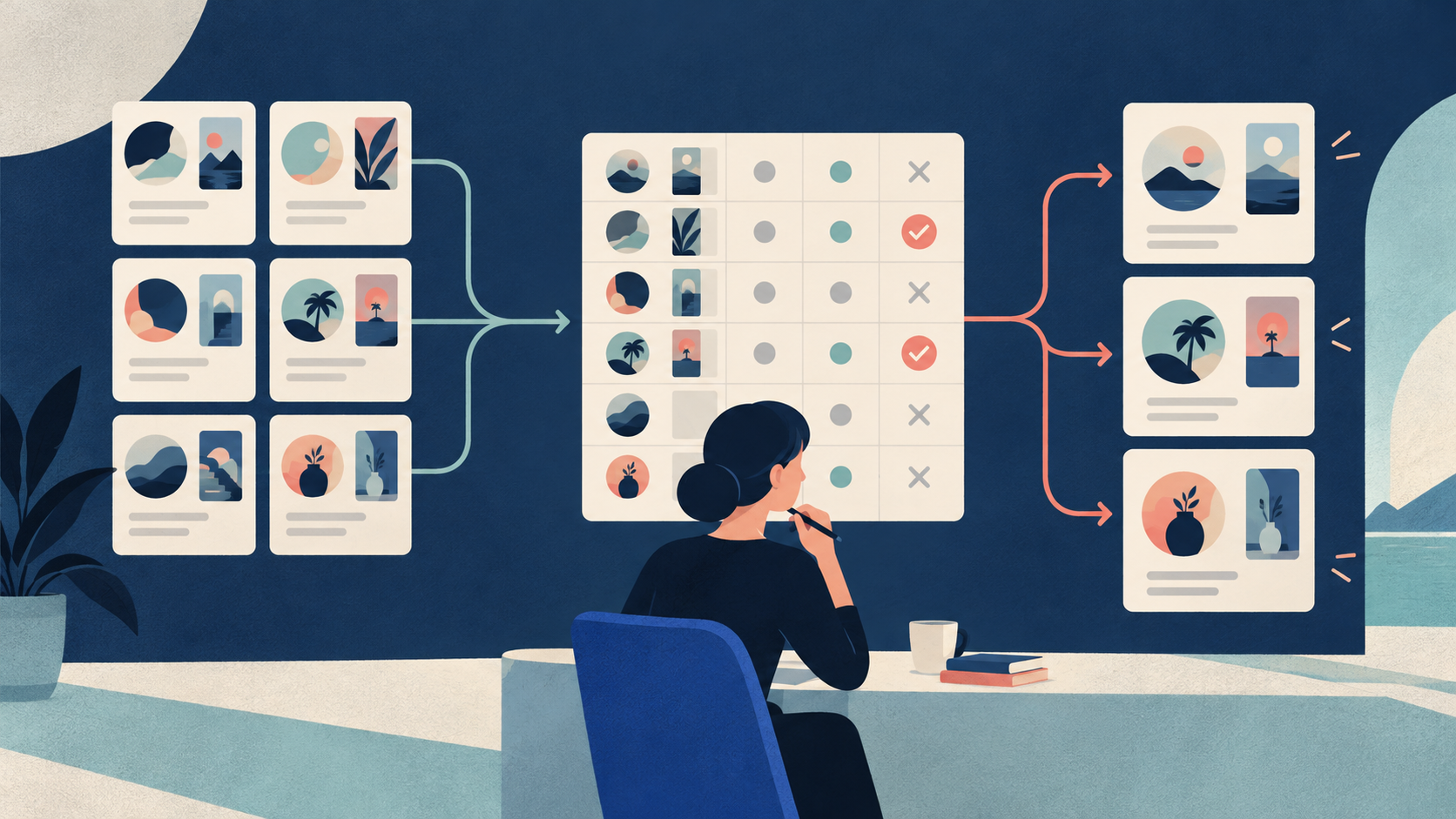 A reviewer checks public creator cards and short video cards in a grid, then selects a small creator list.