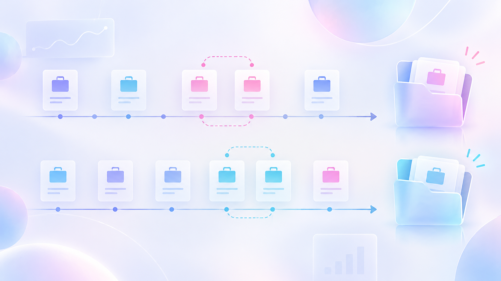 Job cards sit on two time lines. Repeated cards have dashed links and separate folders hold review groups.