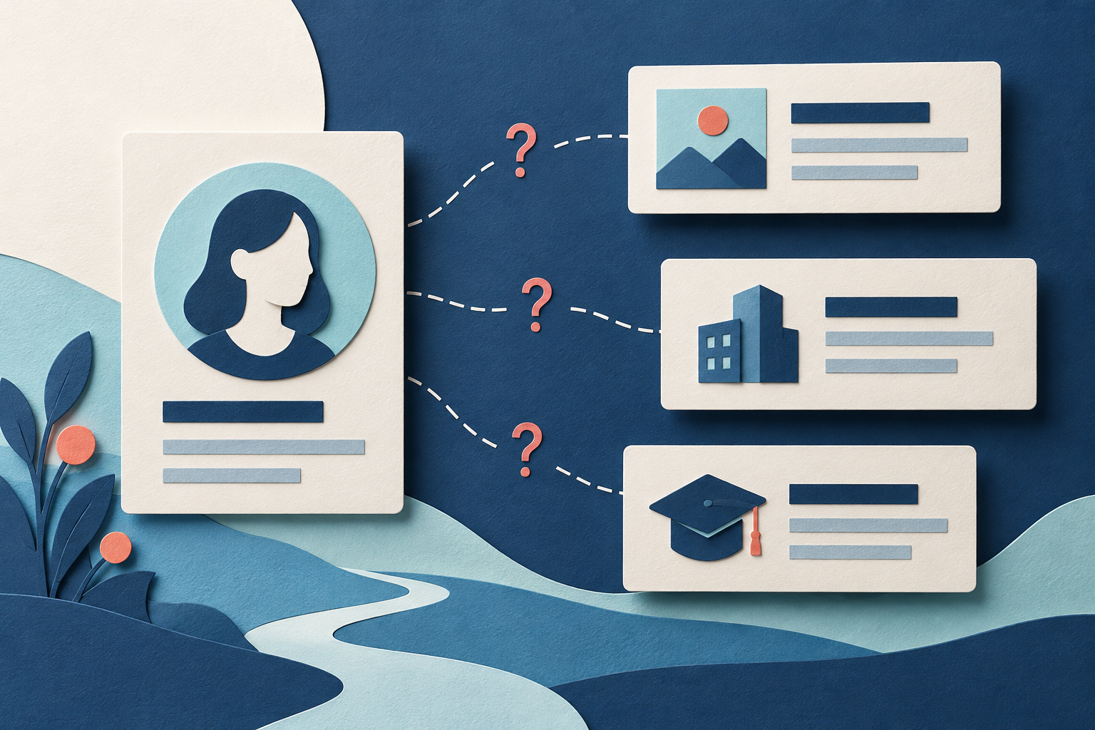 A profile card has uncertain links to headline, organization and education cards.