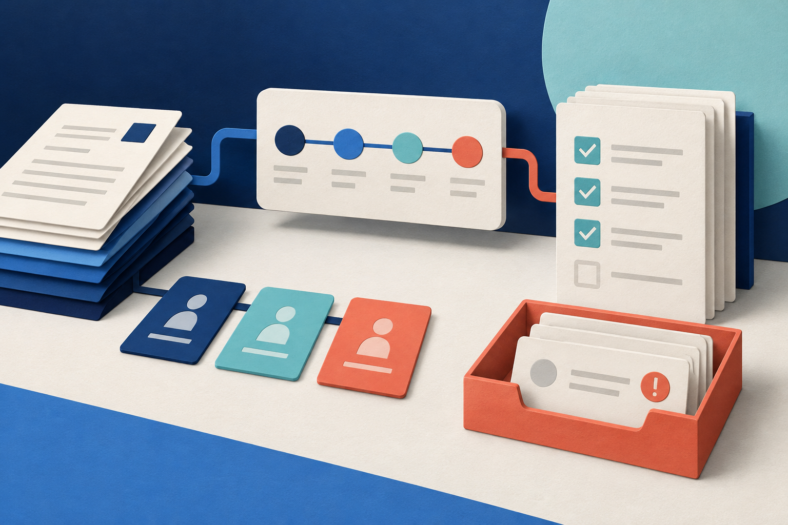 Job cards connect through a data interface to a checked storage tray.