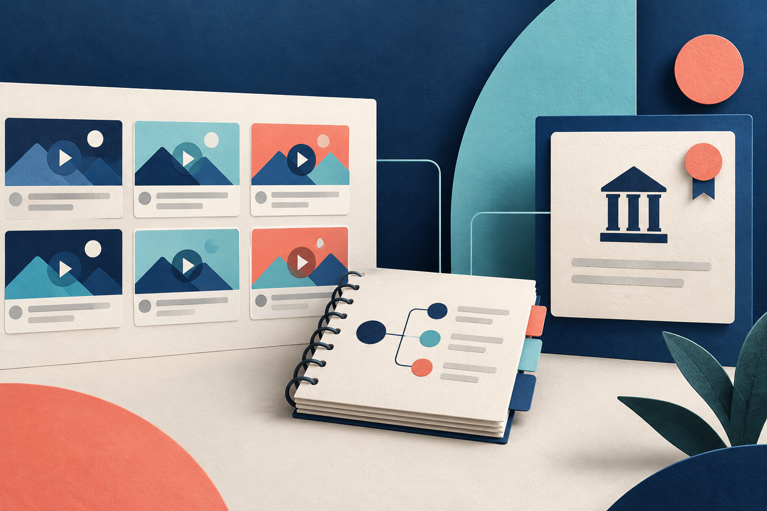Six video-style cards sit beside a notebook with linked circles and a framed building symbol.
