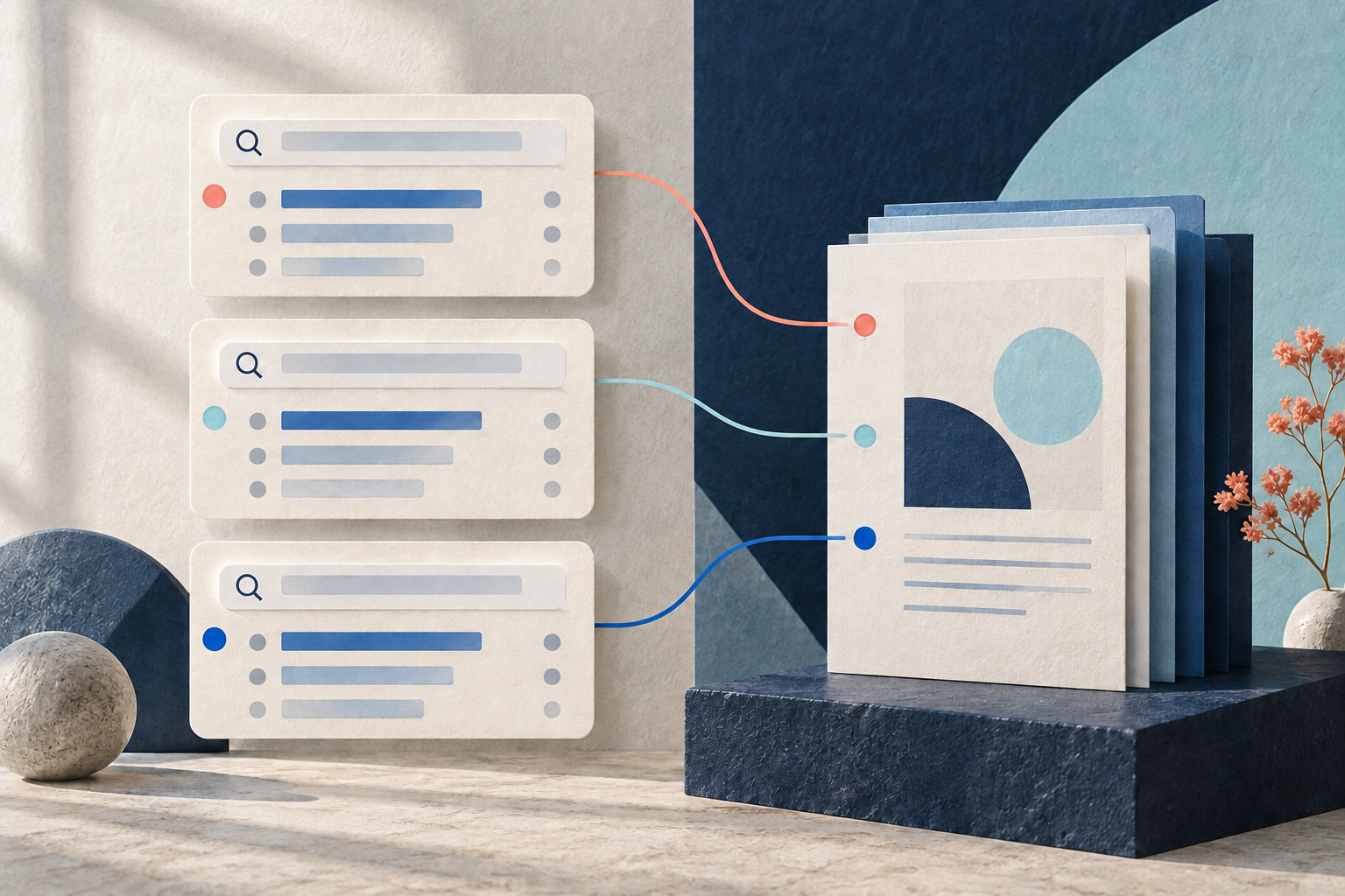 Several search cards connect to one separate page index.