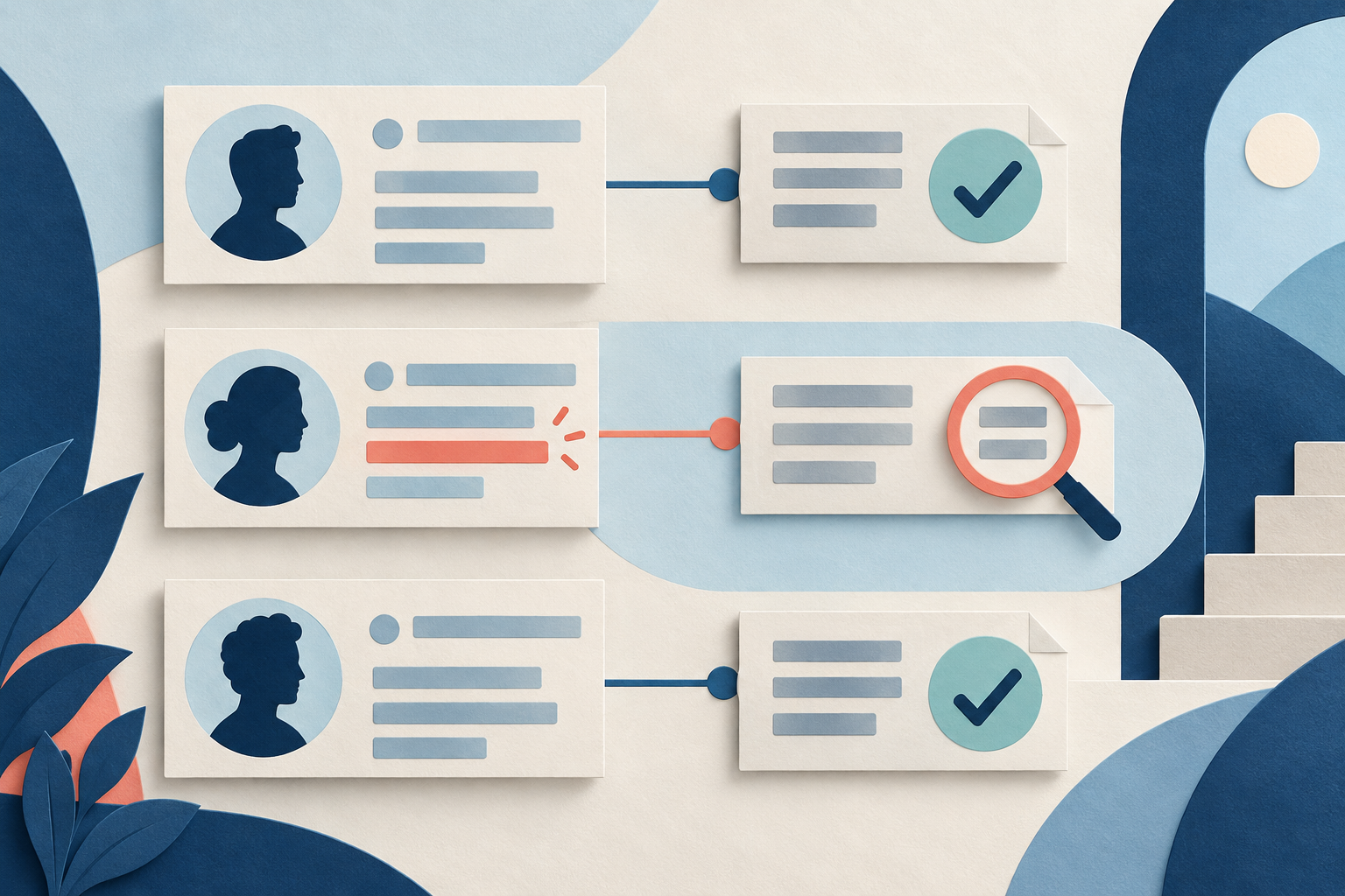 Dated profile fact cards connect to separate judgment and review cards.